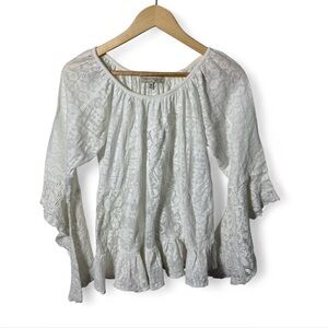 Young Threads White Lace Boho Cottagecore Blouse M Ruffle Bell Sleeves Peasant